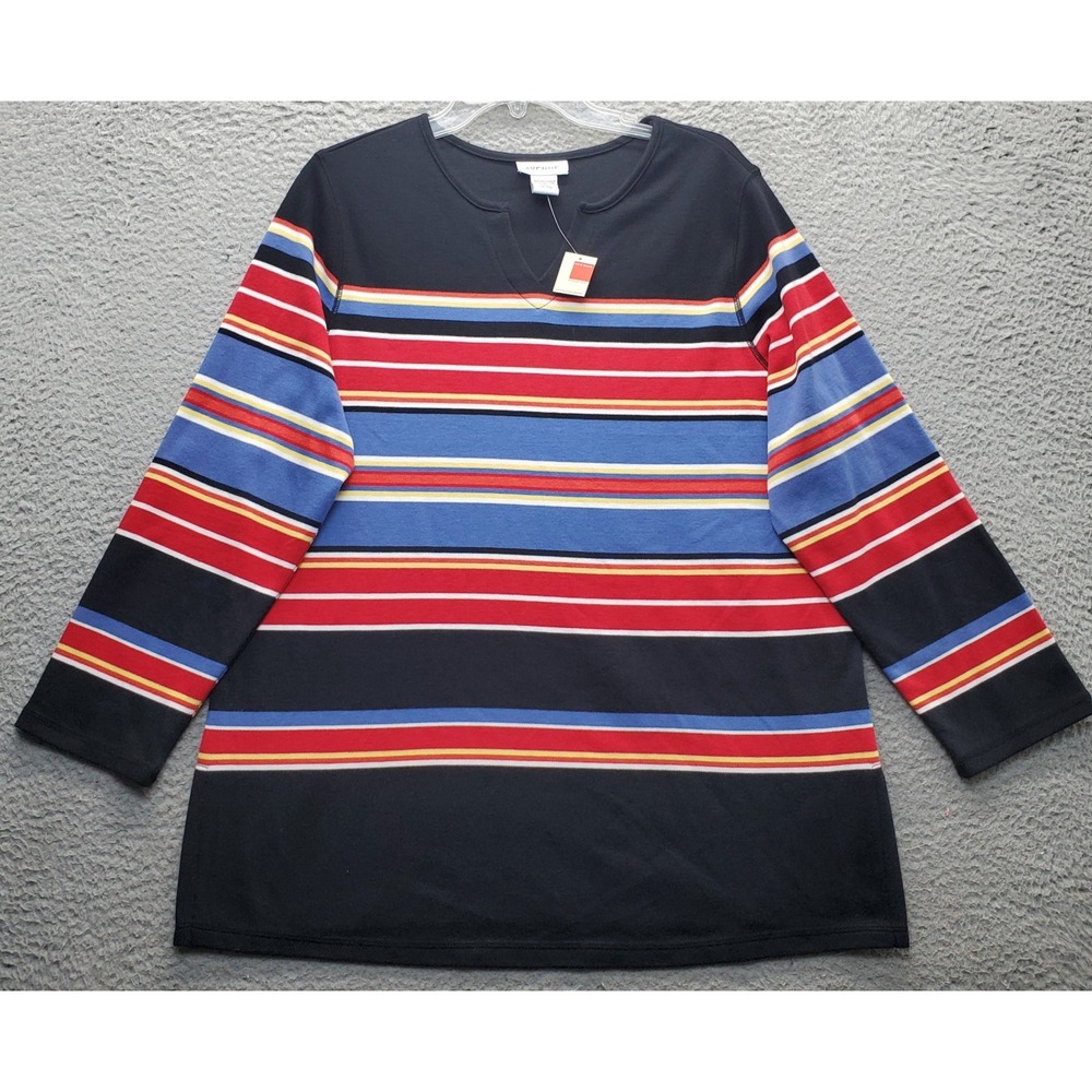 Avenue knit Tunic Top Women 14/16 Multi Striped Long Sleeve Side Slit Cut V-Neck